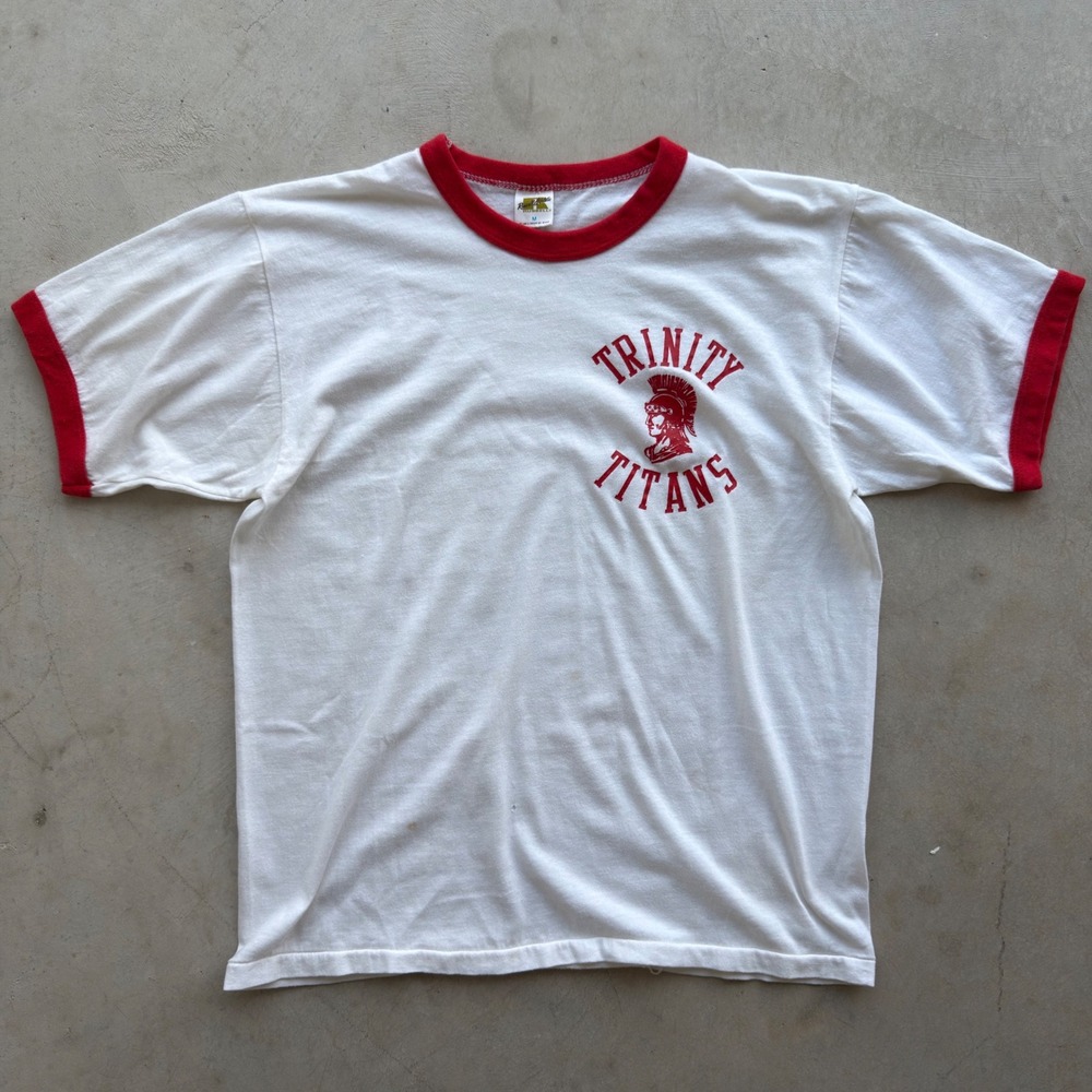 Vintage Russell Athletic Trinity Titans Ringer T Shirt White Red Mens Medium